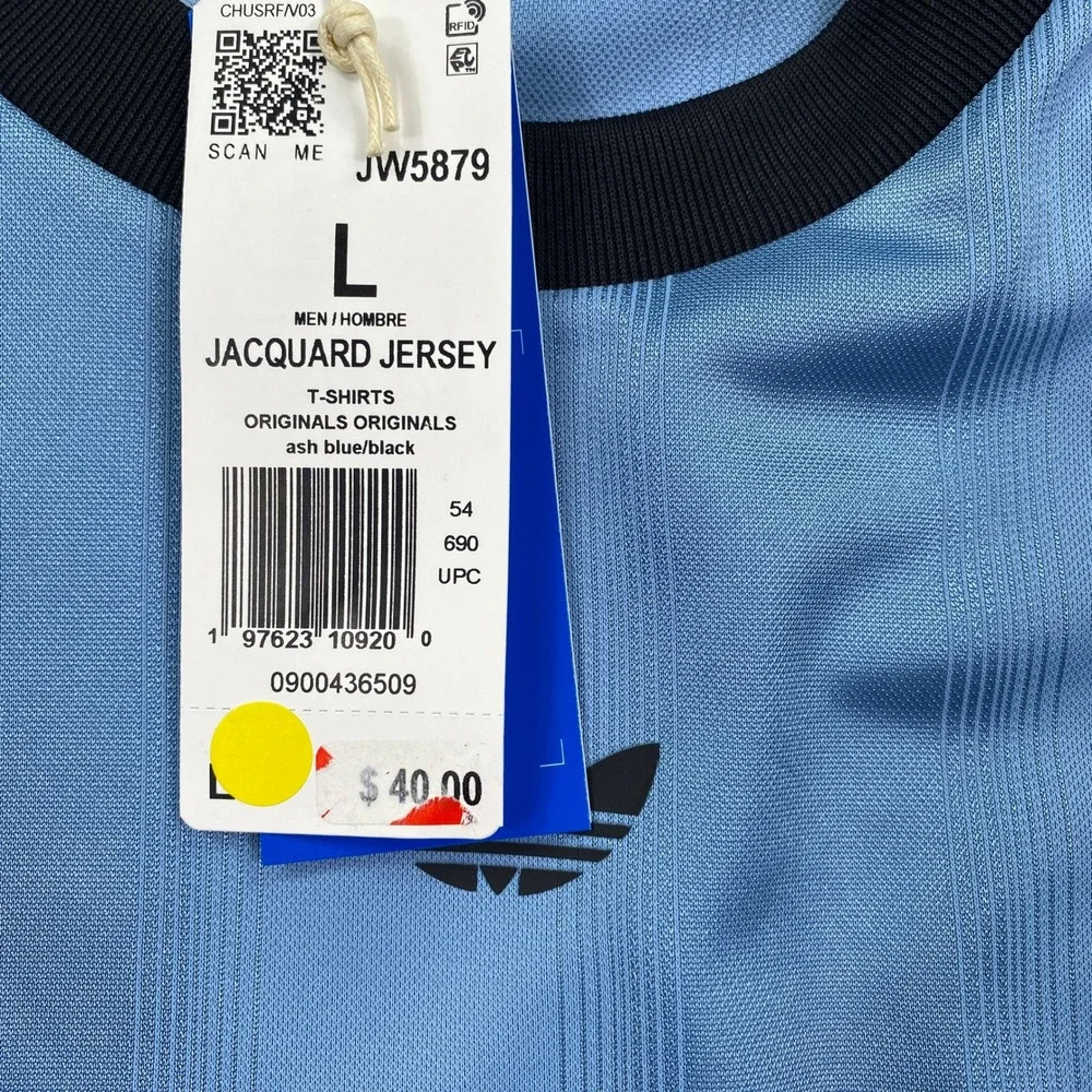 Adidas Jacquard Jersey Mens Large Ash Blue Black Trefoil Stripe JW5879